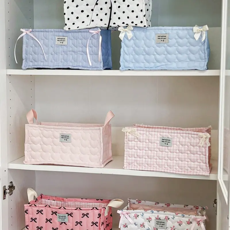 Cute Square Bow Storage Basket Organiser with Heart Check Pattern, Multi-Functional Storage Solution for Bedroom, Living Room, and Beauty Products, Home Organizers, Decorative Storage Basket, Organizing Baskets, Multi Purpose Storage