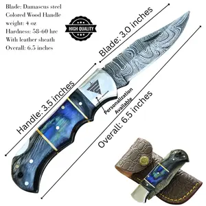 Damascus Pocket Knife - 6.5 Inches Damascus Folding Pocket Knife With Sheath - Pocket Knives & Folding Knives with Back Lock - EDC Knife Pocket