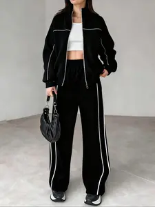 Women's Casual Sportswear Set, Long Sleeve Zipper Stand Collar Top High Waist Pants, Fall Winter Commuter, Outdoor Sports, Party Wear, Sweat Suit Set, Sporty Style Outfits, Sweatsuit Outfits