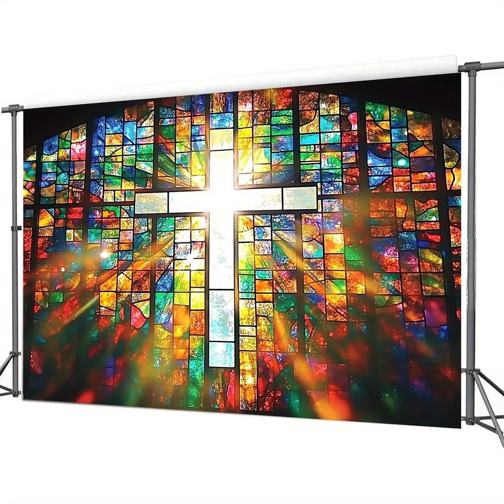1PC Polyester Reusable 2D Flat Religious Stained Glass Door Banner - Christian Cross Hanging Cloth for Home, Church Window Backdrop, Easter, Christmas, Birthday Decorations