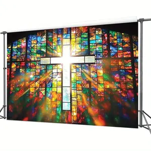 1PC 2D Flat Religious Stained Glass Door Banner, Polyester Reusable Christian Cross Home & Festive Decoration Hanging Cloth, Church Window Backdrop for Easter, Christmas, Birthday