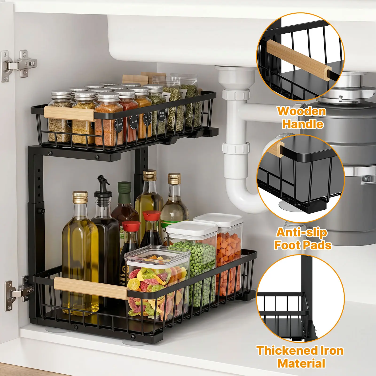 Under Sink Organizer, 2 Tier Under the Sink Storage, Slide out Pull out Cabinet Organizer Shelf, Metal Sliding Drawer for Kitchen Bathroom Pantry Closet Organization