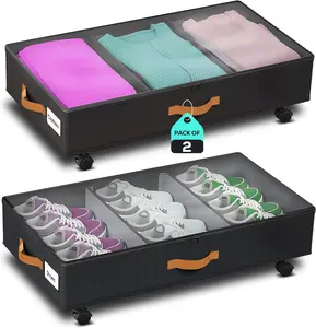 Bed with Wheels, 2 Pack (36L Each)| Low Organizer with Clear Window, Zipper & 360° Locking Wheels – Rolling Drawer for Clothes, Shoes, & More (Black)