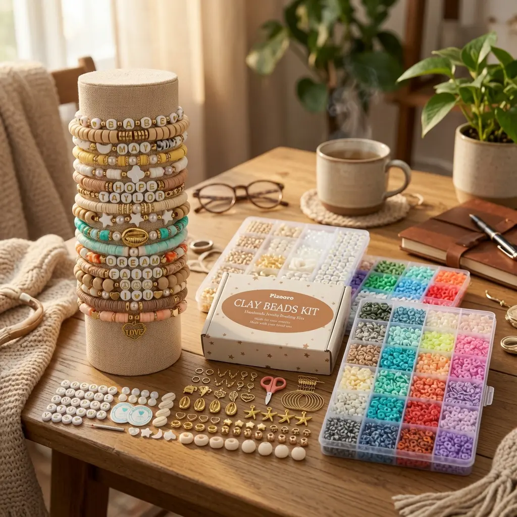 10,500pcs Clay Beads for Bracelet Making Kit - 3 Boxes Flat Round Polymer Heishi Beads, Letter Beads & Charms, Complete Jewelry Making Kit with Elastic String, DIY Friendship Bracelet Gift for Girls & Adults