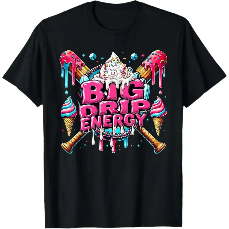 Women's Big Drip Energy Graphic Printed Tshirt - Round Neck, Short Sleeves Vintage Tee with Baseball Ice Cream Print, Funny Summer Vacation Outfit