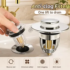 Universal Pop-up Sink Drain Stopper Chrome Rebound Basin Drain Plug Filter with Hair Catcher Easy Push Type Bathroom Kitchen Sink Anti-Clog Accessory