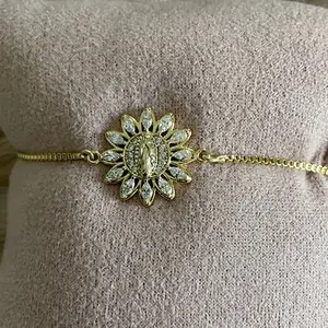 Adjustable Gold Finish Virgencita/Virgin Box Chain Bracelet with Slide Closure, Sunflower Motif, Fashion Costume Jewelry Accessory