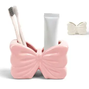 Multi-Piece Bow Toothbrush Holder Set, Dual-Hole Toothbrush and Toothpaste Set, Cute Toothbrush Set, Bathroom Countertop Storage Box Organizer