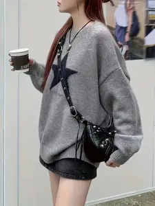 Classic Star Pattern Casual Fashion Long Sleeve Knit Women's Top, Stylish and Comfortable, Perfect for Daily Wear, Spring and Fall