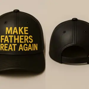 MAKE FATHERS GREAT AGAIN - MFGA PREMIUM EDITION CAP - Black Faux Leather Adjustable Hat with Gold Embroidery & American Flag Patch for Dad