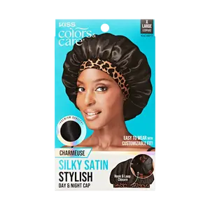 Kiss Colors & Care Silky Charmeuse Satin Stylish Day & Night Cap - Black & Leopard