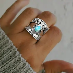 Bohemian Carved Pattern Droplet Shaped Turquoise Ring, Retro And Fashionable Women'S Personalized Jewelry Ring, Perfect for Anniversary And Birthday Gifts, Valentine'S Day, Christmas, Parties, And Evening Parties