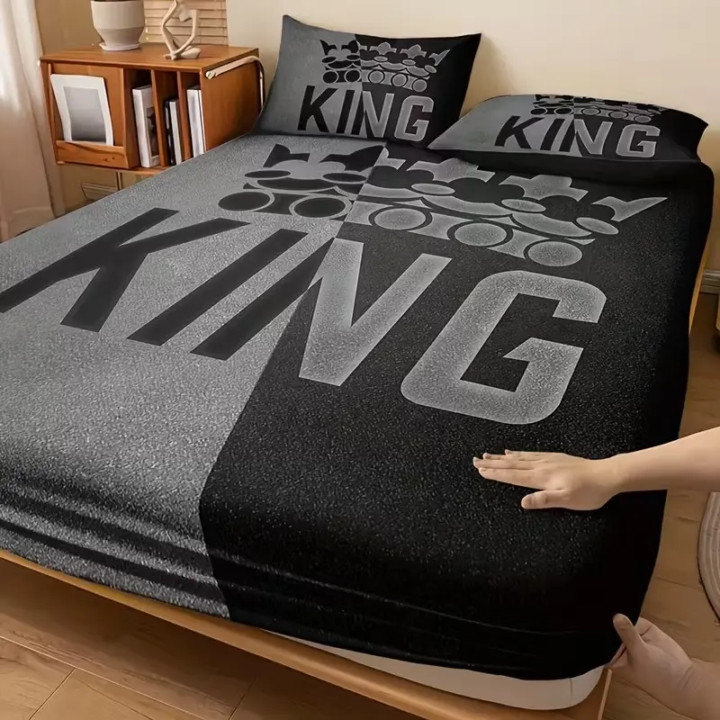 King Size Bedding Set (fitted Sheet + Pillowcases), Crown Print Design, Bedroom Decor, Decorative Bedsheet Sets, Bed Sheet Sets, Bedding Sheets