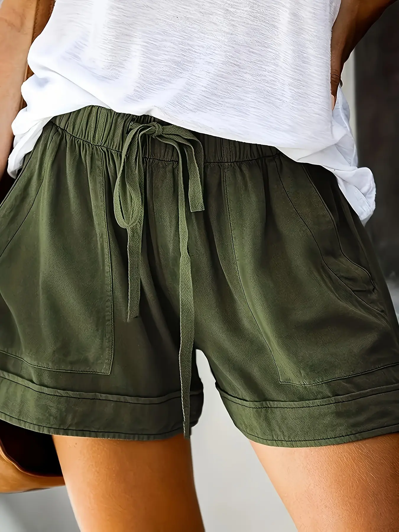 Women's High-Waisted Wide-Leg Athleisure Street Shorts, Loose-Fit Baggy Casual Style with Drawstring Elastic Waist, Summer Shorts