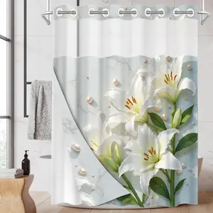 1PC/4PCS 2D Flat Printing White Lilies with Pearls on Marble Background Patterned Flower shower curtain, home bathroom decor, shower curtain set with 12 hooks, non-slip bathroom rug, U-shaped toilet seat cover, toilet seat mat.