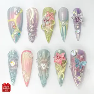 S65 Fairycore Bloom Press-On Nails, 3D Flowers, Butterflies, Pearl Heart, Iridescent Swirls, Pastel Mix, Custom Press-On Nail, Solana Nails Town