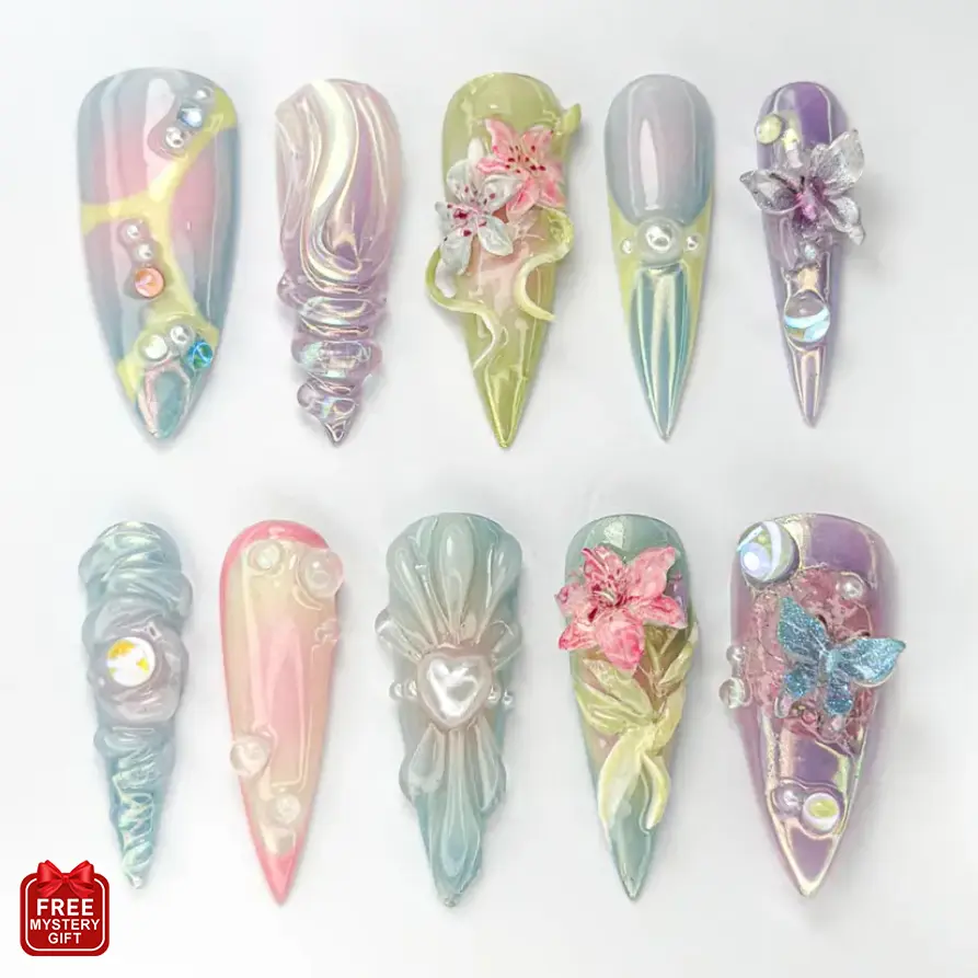 S65 Fairycore Bloom Press-On Nails, 3D Flowers, Butterflies, Pearl Heart, Iridescent Swirls, Pastel Mix, Custom Press-On Nail, Solana Nails Town