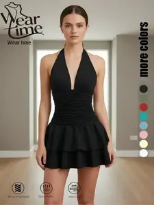 Women's Solid Ruched Halter Neck Dress, Chic Elegant Casual Sleeveless Short Fitted Dress for Daily Outdoor Wear, Ladies Clothes for Summer