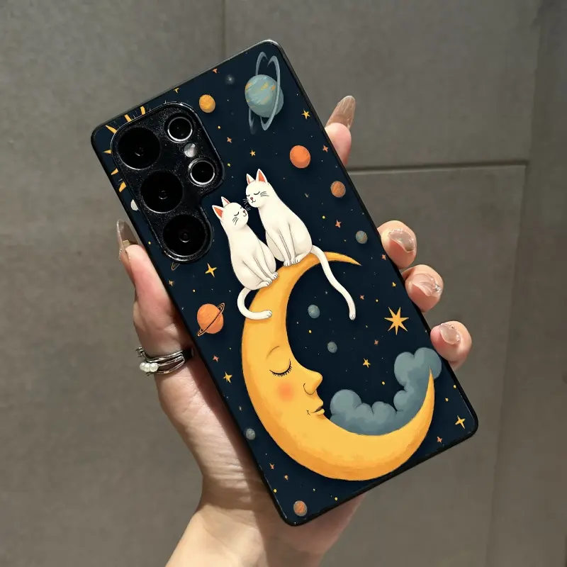 Compatible with S25/S24/S23/S22/A13/A14/A55/Z fold3 Phone Case whimsical Indie Floral Moon Sunflower Galaxy Space Planets Celestial Moon and Sun Cats Pattern phone case RMSXsw-9
