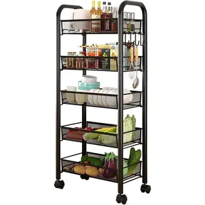 Garvee 5-Tier Metal Kitchen Storage Cart on Wheels with Baskets, Easy to Assemble Narrow Rolling Utility Cart for Tight Spaces in Bedroom or Bathroom, Available in White or Black, 44x26x102 cm