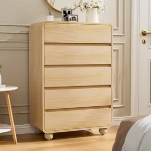 Aowos Modern 5 Drawers Dresser for Bedroom, 41" Tall Wood Fluted Dressers & Chests of Drawers with Curved Profile Design for Bedroom, Living Room, Wood, Natural, Black, White