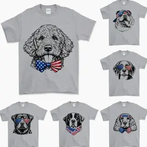 Puppy Love Dog T- Shirt showcasing 50 dog breeds in 4th of July Graphic, Sport Grey, Cute Puppy Independence Day Shirt for Dog Lovers, printed on a cozy Gildan unisex T Shirt for pet lovers