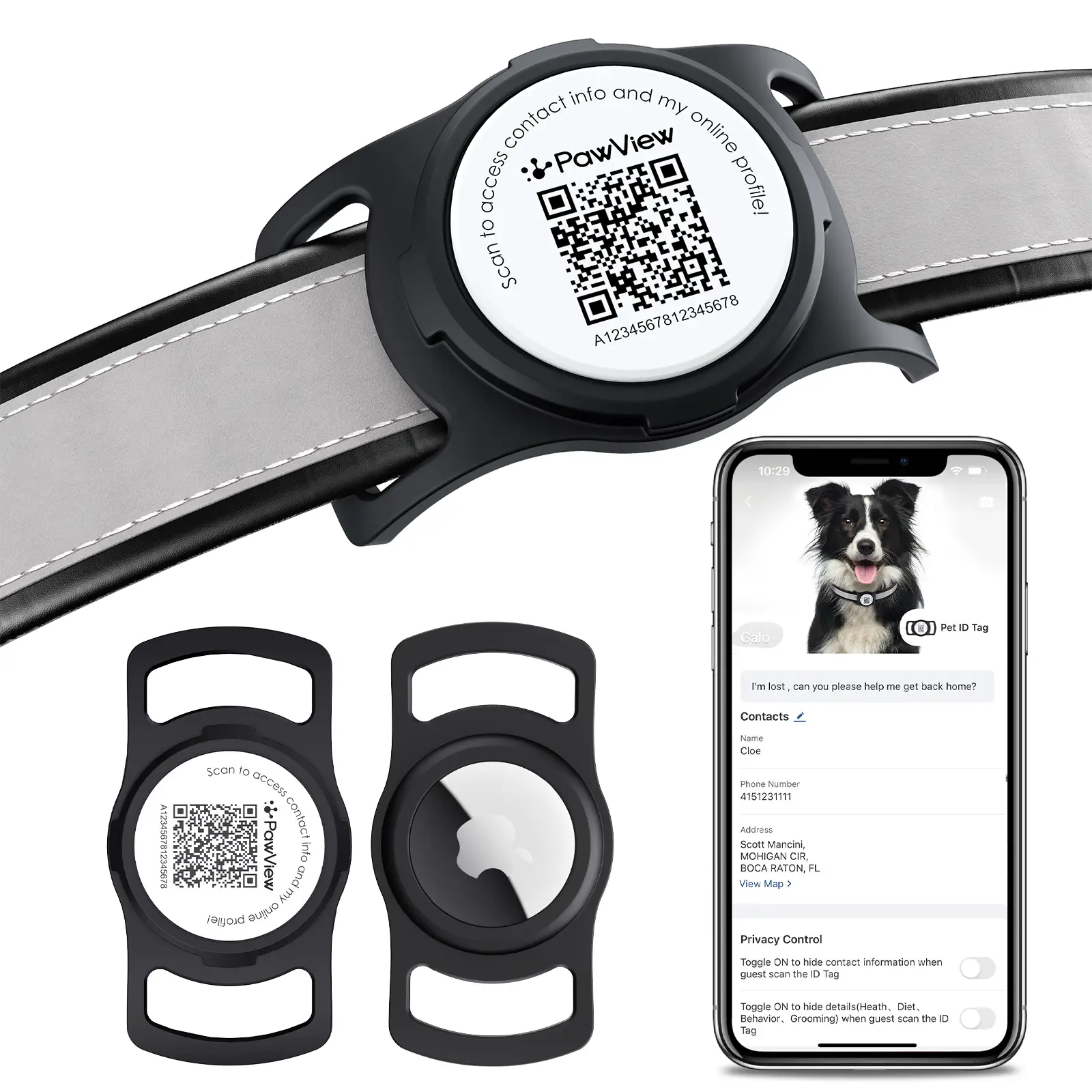 AirTag Dog Collar Holder, Smart QR Code AirTag Holder for Cats and Dogs - Scan Alert | Instant Location | Pet Online Profile | Contact Info | Pet APP