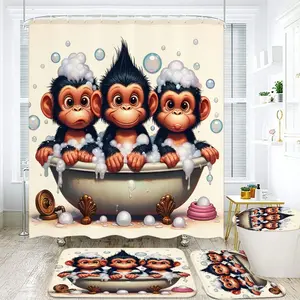 1/4pcs Whimsical Baby Chimpanzee Bubble Bath Shower Curtain Set - Vintage Clawfoot Bathtub Design with Soft Tan Chimps, Iridescent Soap Bubbles, and Decorative Brass Feet - Perfect for a Playful Bathroom Makeover for Every Season
