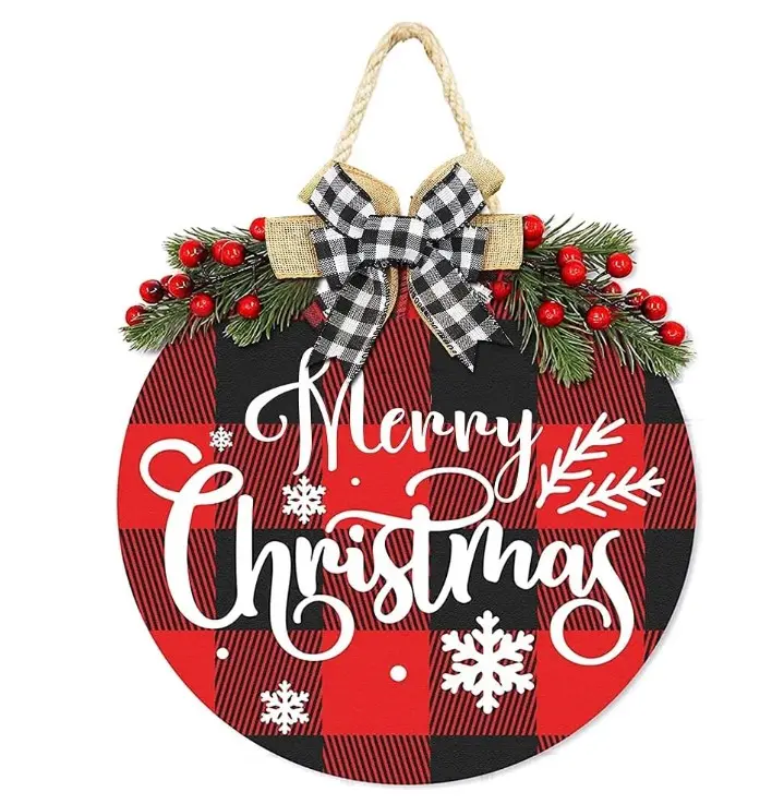 Rustic Buffalo Plaid Christmas Wreath & Sign Set - Festive Holiday Decor for Front Door, Porch, Window, Wall (Vertical)