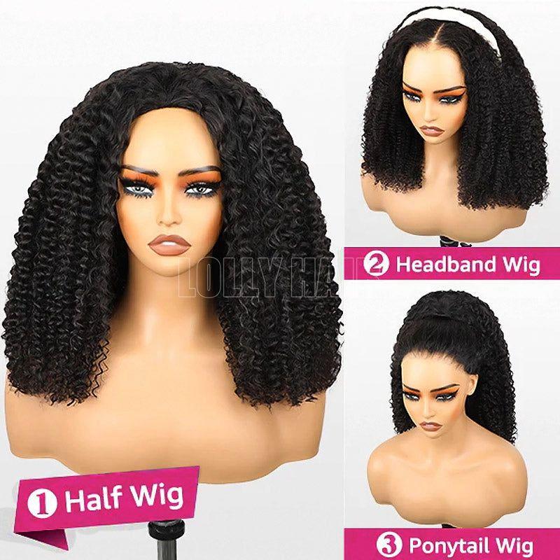 MYLOCKME Half Wig Deep Wave 3 IN 1 Human Hair Glueless Deep Wave Wig Machine Made Clip-in Upgrade 200% Kinky Straight Invisiable Flip Drawstring Wig