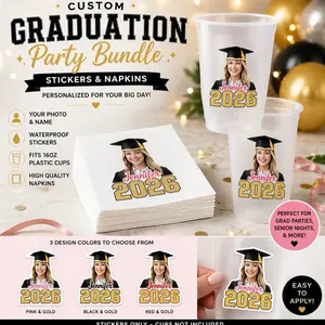 Custom Graduation Party Bundle - Personalized Stickers & Napkins for 16oz Cups - Waterproof & High Quality - Perfect for Grad Parties & Senior Nights