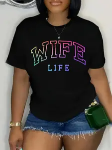 Plus Size - Plus Size - Women'S "Wife Life" Pattern Printed T-Shirt| Loose Round Neck Short Sleeve Casual Top, Breathable and Comfortable for Spring and Summer, Machine Washable, Multi-Color Printed Design| Comfortable Fit, Pure Material