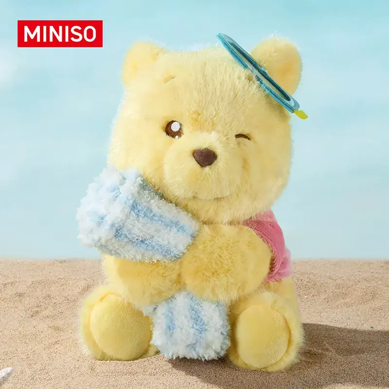 Disney Winnie the Pooh Eco-Friendly Plush Stuffed Toy - 11.41in Winking Sitting Bear with Blue Hair Clip, Striped Blanket, Aesthetic Collectible for Beach Aesthetic, Gaming Desk, Desk Setup Decor, Disney Fan Birthday Gift, Desk Setup Aesthetic