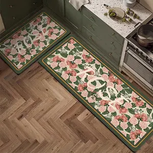 Large Floral Leather Rug, Soft Touch, High Absorbency, Durable, Easy Clean, Non-Slip Bottom, Ideal for Entryway, Balcony, Kitchen, Washable Runner Rugs