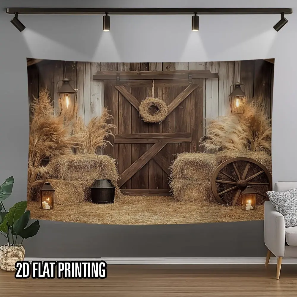 1PC Vintage Farm-Style Polyester Backdrop Banner, 2D Flat Rustic Barn Haystack Wooden Door Reusable Decorative Curtain, Photography Tapestry for Halloween, Birthday & Home Decoration, Festive Party Supply,summerwins