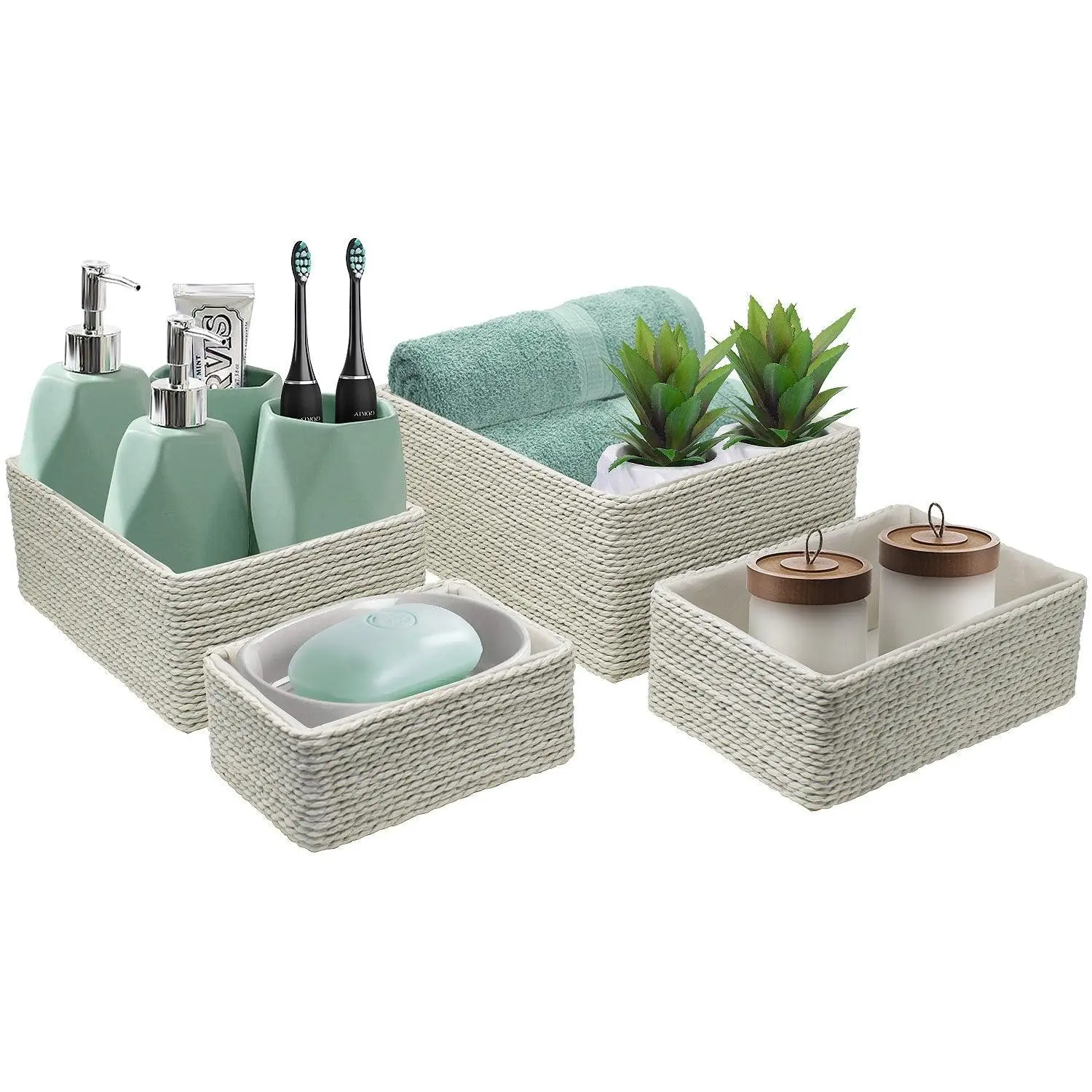 Sorbus Eco-Friendly Braided Rope Open Storage Basket Set - 4-Piece Multi-Size Rectangular Room Organizer for Household Essentials, Books, Office Items, Stackable Cube Organizer Bins (Large:9.75"l x7"w x4"h, Medium:8.75"l x6"w x3.12"h, Beige)