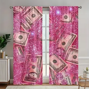 Two-Piece Set Shiny Background Money Print Curtains, Semi-Transparent, High-Quality Digital Print Home Textiles