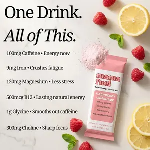 Mama Fuel 14 Pack Calm Energy Drink Mix for Women, Raspberry Lemonade Stick Packs with B12 Iron Folate Magnesium Choline, Caffeine + Glycine, No Jitters No Crash, Sugar Free Vitamin Powder, Mom Energy Hydration Boost, Daily Multivitamin for Busy Moms