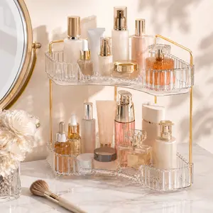 2-Tier Corner Bathroom Organizer Countertop - Aesthetic Vanity Perfume Tray, Space-Saving 90° Corner Storage Shelf for Makeup & Skincare, Multi-Functional Counter Organizer for Dresser, Kitchen
