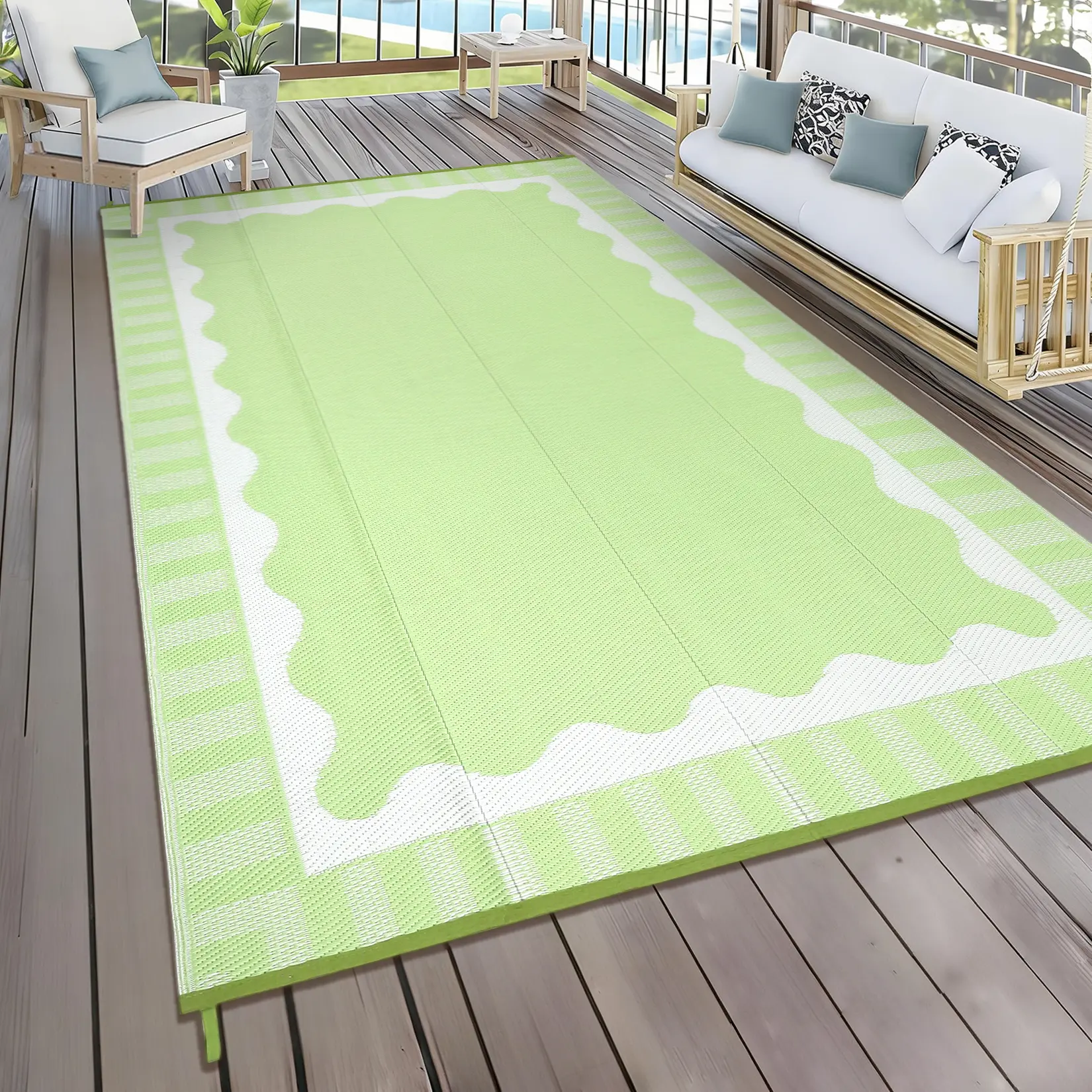 Large Waterproof Outdoor Rug with Fan-shaped Printed Plastic Straw Woven Carpet Double-sided Clean Gray & White Border Portable Storage Bag Foldable for Patios Gardens Balconies Beaches Picnics RVs and Porches