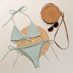 Sage Green Gingham Bikini Set Women 2 Piece Checkered Swimsuit Cottagecore Aesthetic Summer Beach Halter Triangle Top Tie Side Bottom Retro Vintage Pool Vacation Cute