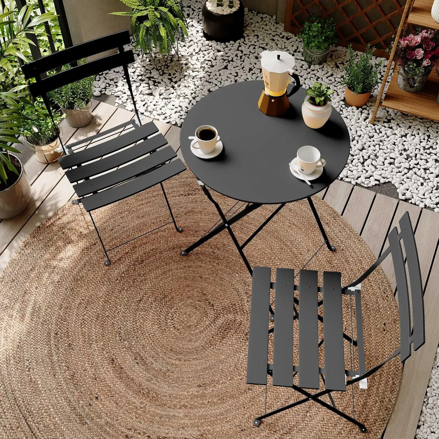 LAUSAINT HOME 3-Piece Steel Folding Bistro Set, Premium Weather-Resistant Patio Table & 2 Chairs for Balcony, Garden, Yard, Poolside & Indoor (Square, Black)