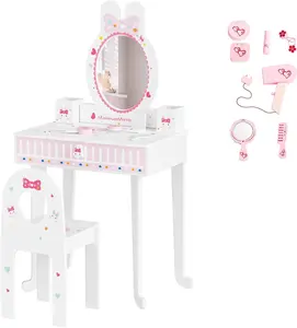 JOYMOR Kids Vanity Set with Mirror, 2-in-1 Design, Toddler Vanity w/a Drawer, Storage Box, 7 pcs Make up Accessories, Pretend Play Kids Vanity Table and Chair Set (White)