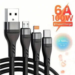 Three-In-One Fast Charging Nylon Braided Durable USB Data Cable, 6a Super Fast Charge, Compatible with iPhone Android Tablets, Mfi Certified
