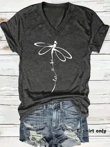 Women's Dragonfly Print V Neck Tee, Casual Fashion Short Sleeve T-shirt for Summer, Ladies Clothes for Daily Wear, Top