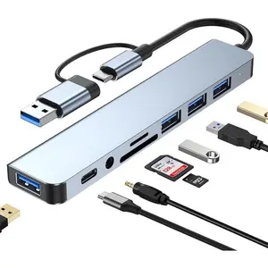 USB C Hub USB Hub 3.0,   8 in 1 USB Extender with SD/TF Card Reader, 3.5mm Aux Headphone Jack for MacBook Pro Air and More PC/Laptop/Tablet Devices
