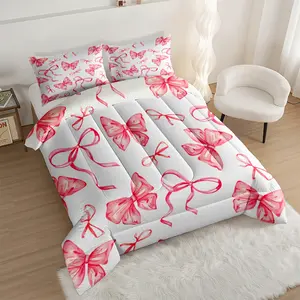 Whimsical Pastel Bow Watercolor Comforter Set, Cheerful Pink & Red Bows Bedding Set, Soft Prints for Bedroom Decor, Perfect for Kids and Teens, Cozy and Charming Textiles for A Festive Look!, Includes 1 Quilt, with 1 or 2 Pillowcase No Pillow Core