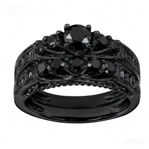1.5CT Round CZ 2pcs Black Plated Three Stone Wedding Ring Sets for Women Engagement Ring
