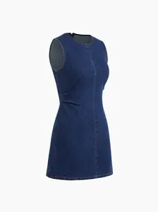 High Stretch Denim Ruched Zipper Mini Dress