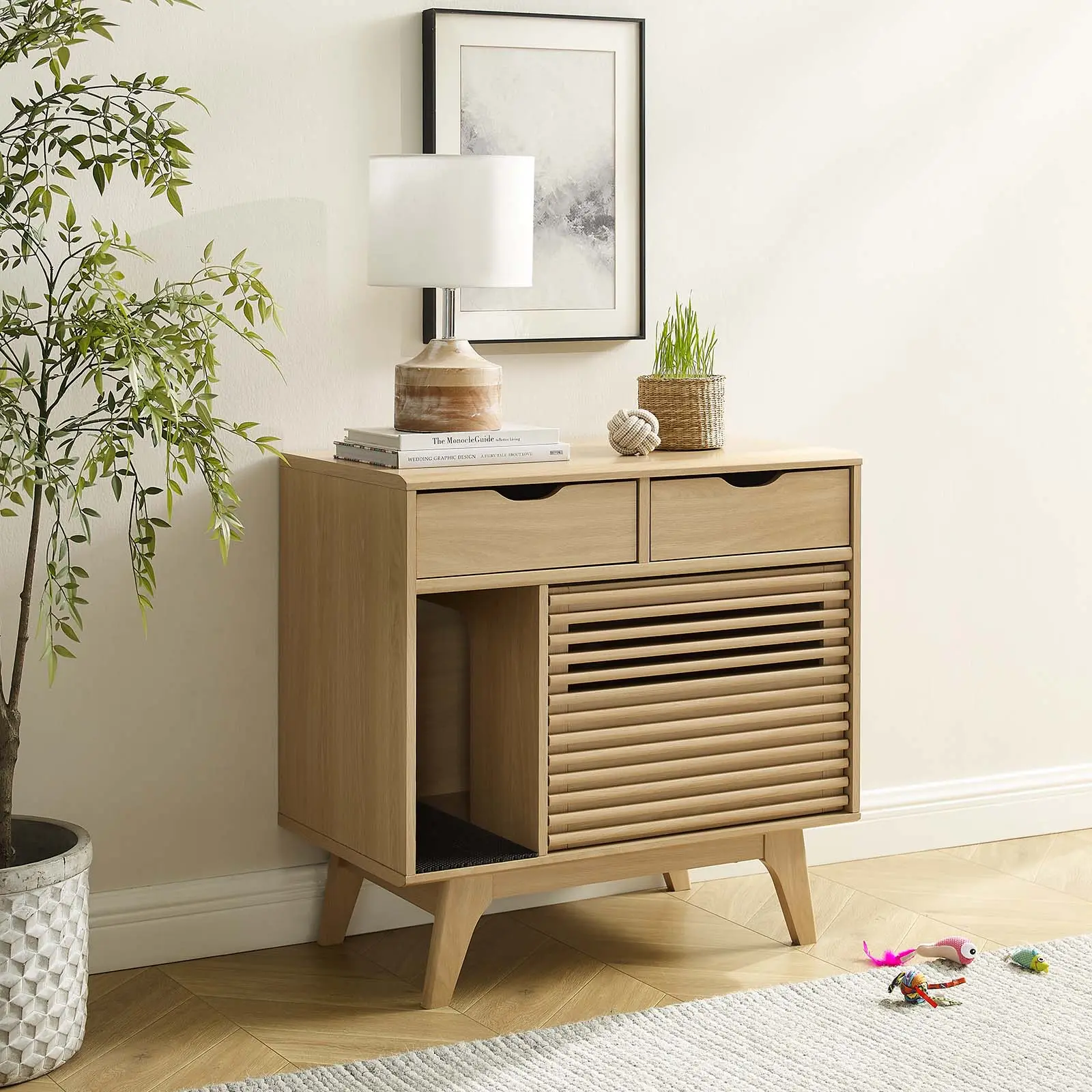 Modway Render Midcentury Modern Oak Wood Cat Cabinet - Litter Box Enclosure, Hidden Litter Box for Apartment, Storage Drawers, Indoor Living Room Cupboard Furniture, Cutout Leading To Litter Box